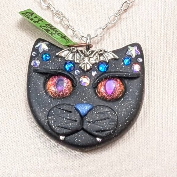 Handmade Jewelry - Artisan Polymer Clay- Large Detailed Sugar Skull Cat/Day of the Dead Pendant
